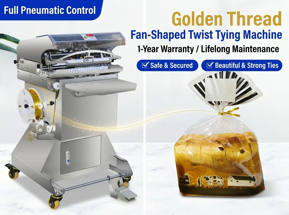 เครื่องมัดถุงขนมปังและขนมขบเคี้ยวรูปพัดลมแบบนิวแมติก JW-300